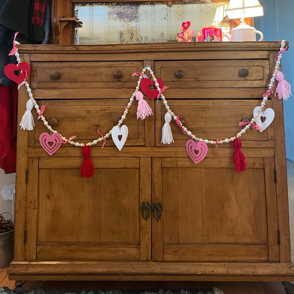 Handmade Heart, Tassel, and Ribbon Garland with Pink, Red, and White 6 ft long